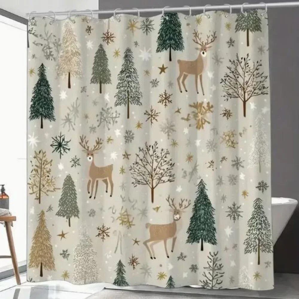 Festive Reindeer and Tree Shower Curtain